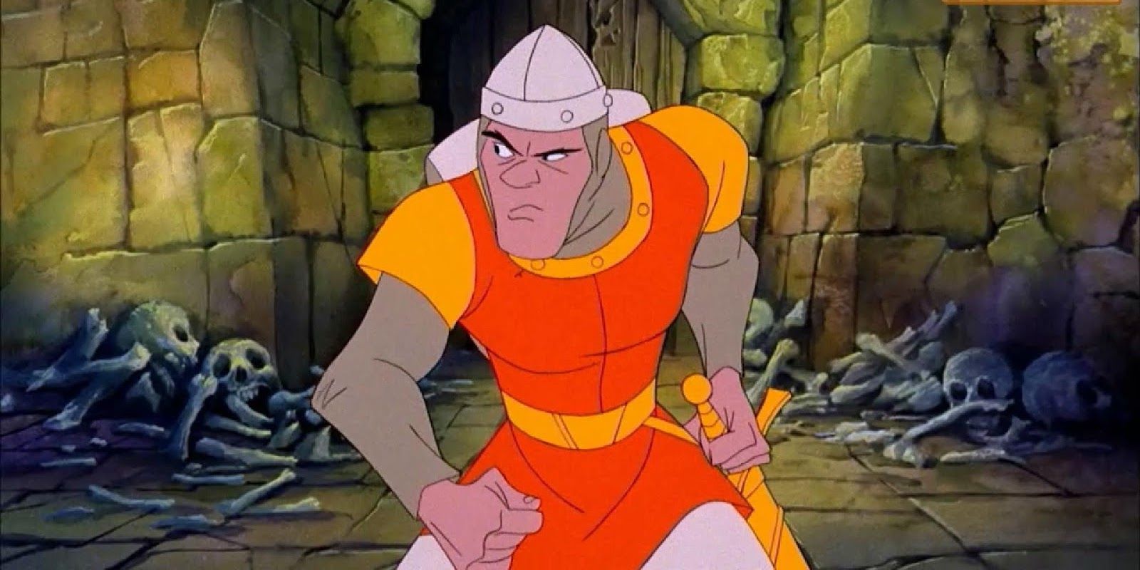 A knight grabs his sword in the video game Dragon's Lair.
