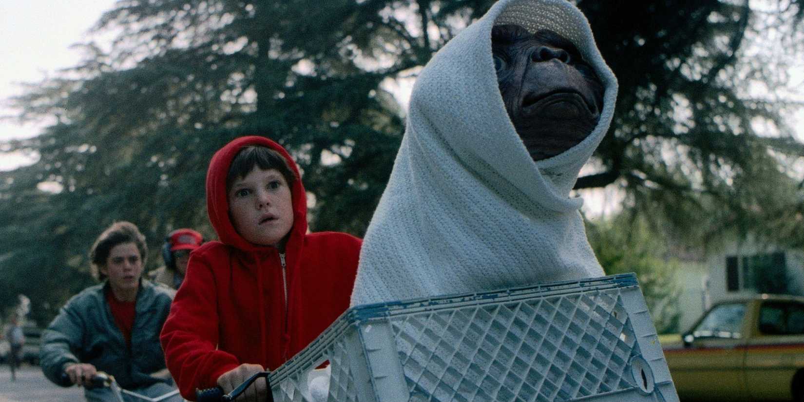 E.T. and Elliott on a bike in the bike chase scene in E.T. The Extra-Terrestrial