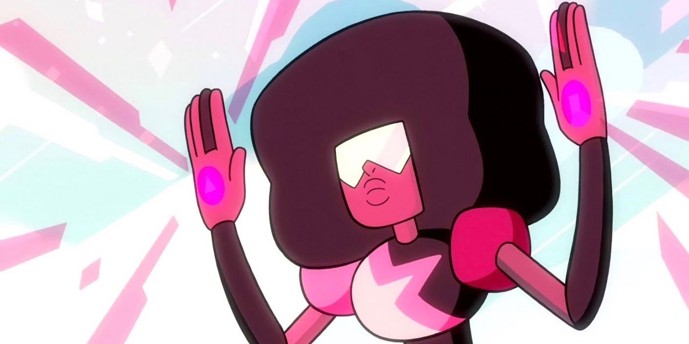 Garnet raising her hands and shooting pink lights in Steven Universe