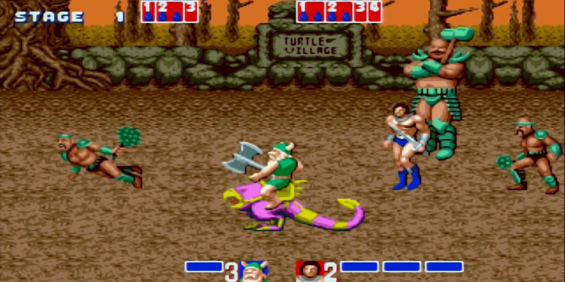 Player character heroes do battle with various bad guys in the classic Golden Axe arcade game.