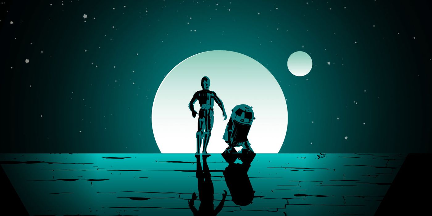 C-3PO and R2D2 stand beneath the moon