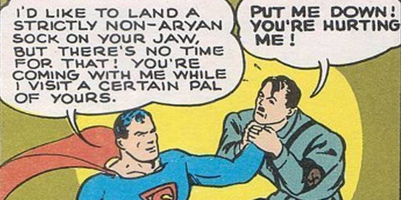 Comic book panel: Superman holds Hitler by the throat.