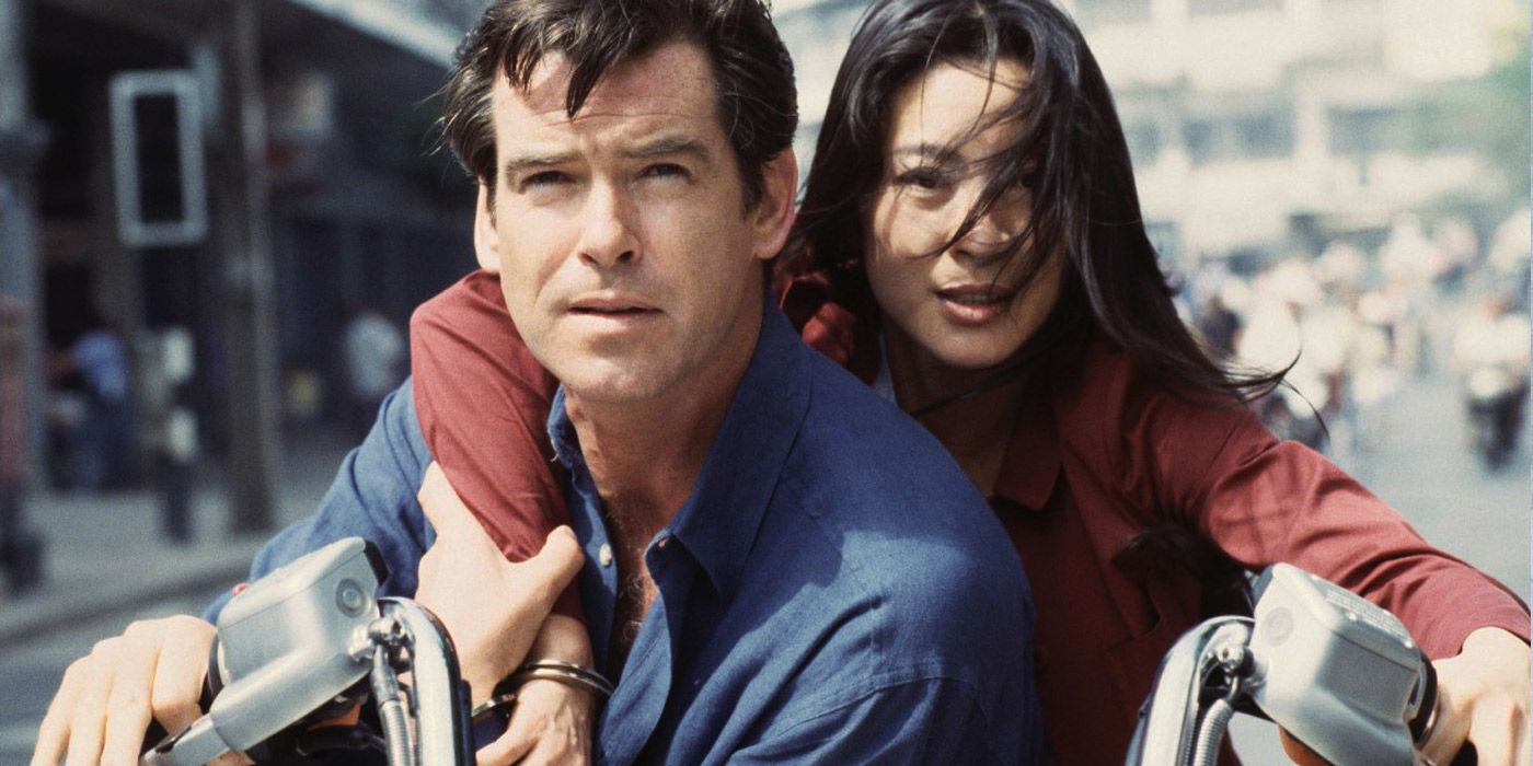 Pierce Brosnan and Michelle Yeoh on a motorcycle in Tomorrow Never Dies