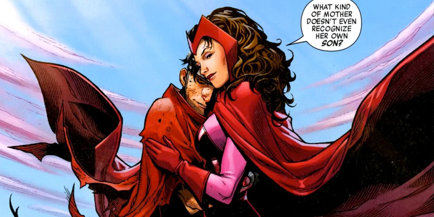 Wiccan and the Scarlet Witch embracing in Marvel Comics.