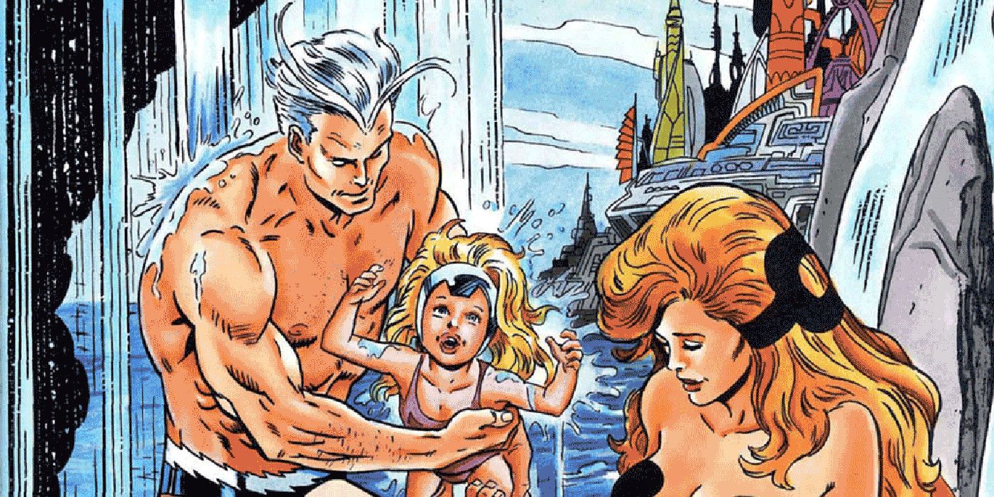 Quicksilver, Luna, and Crystal play under a waterfall in Marvel comics