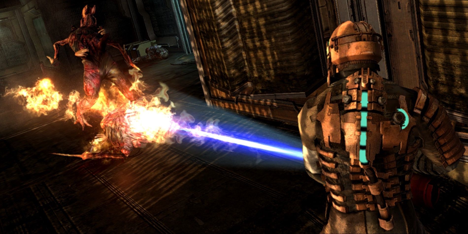 A character uses the Flamethrower in Dead Space
