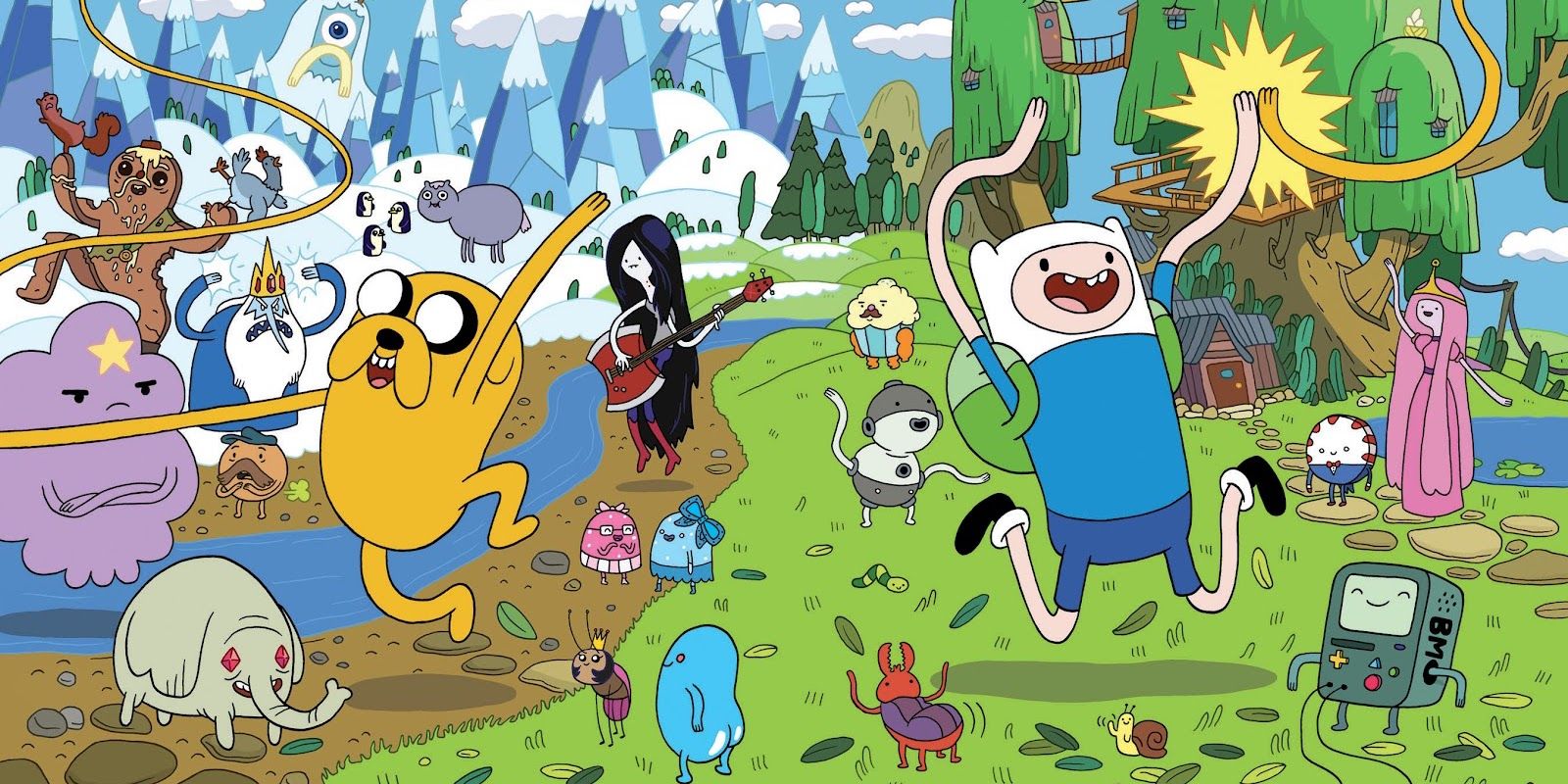 All the characters of Adventure Time cheering with Jake and Finn in the foreground.