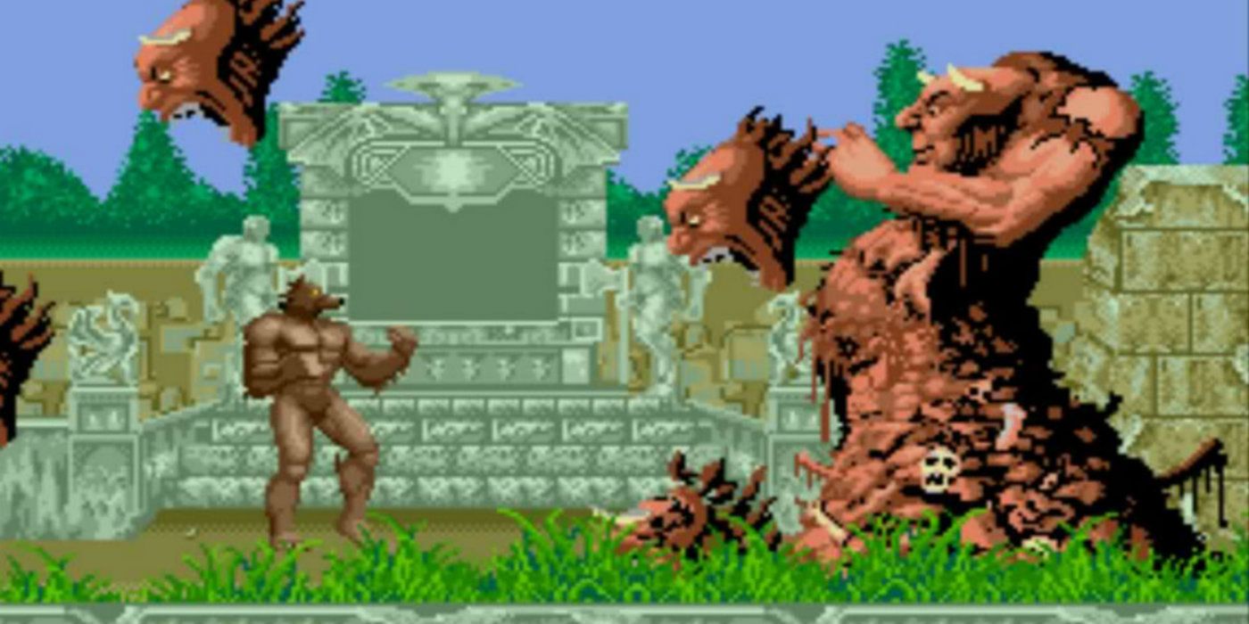 The hero fights the first boss in Altered Beast