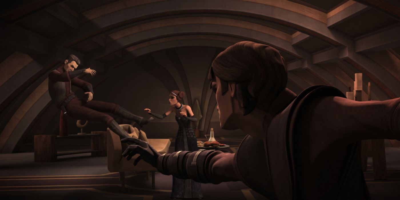 Anakin throws Rush Clovis away from Padme Amidala in Star Wars The Clone Wars