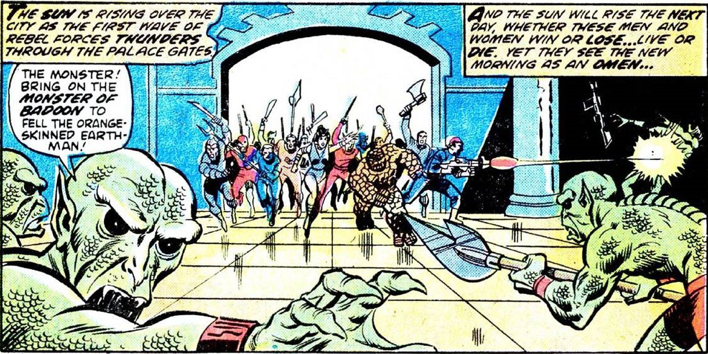 O Badoon luta contra o Coisa e outros heróis da Marvel na Marvel Comics.