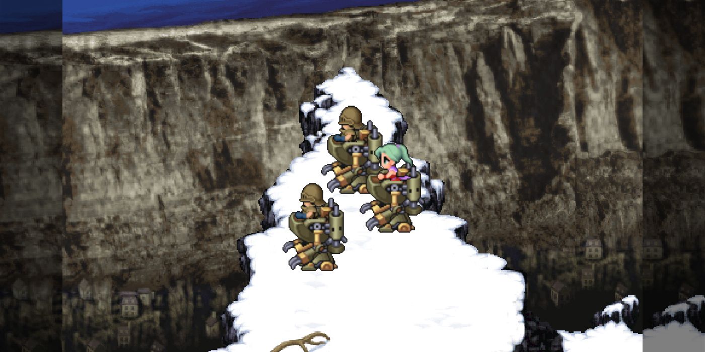 Biggs, Wedge, and Terra atop a snowy cliff in Final Fantasy VI