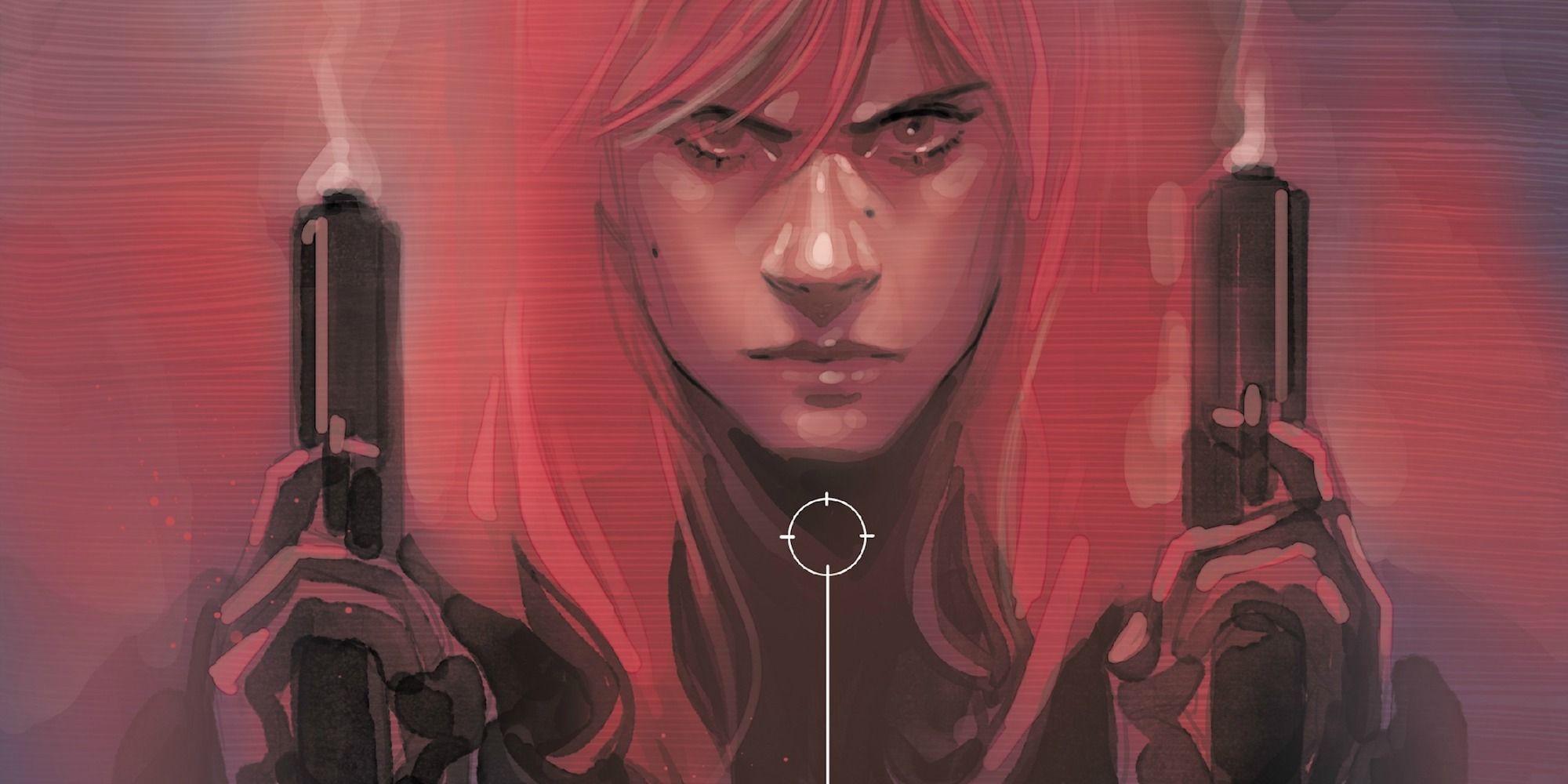 Artwork depicting the Black Widow holding two guns in Marvel comcis