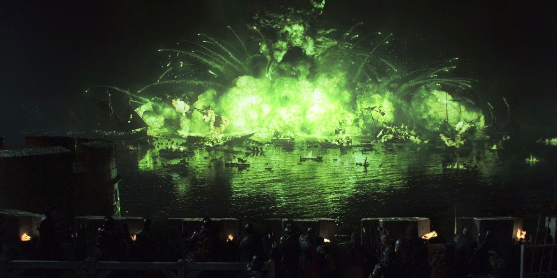 The ships explode with wildfire in the Battle of Blackwater in Game of Thrones