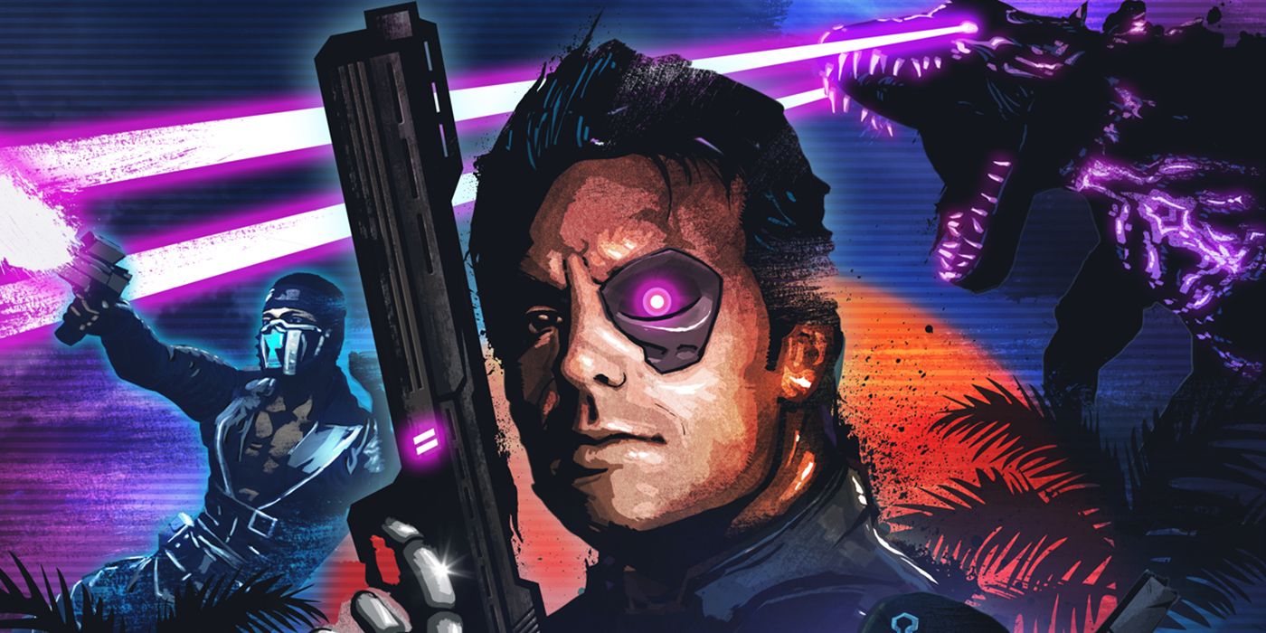 Cover art for Far Cry 3: Blood Dragon, showing the man with a cybernetic eye holding a futuristic pistol, with a dinosaur shooting lasers from its eyes in the background.