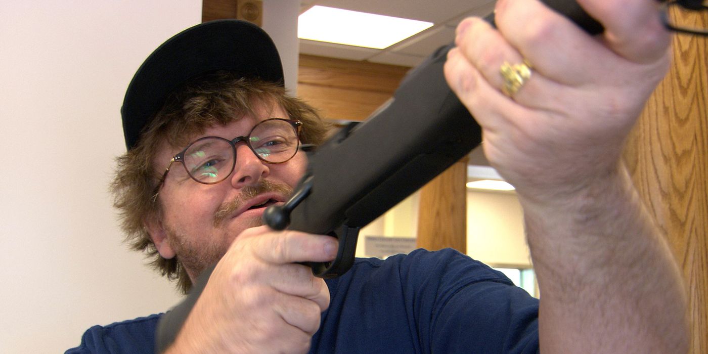 Michael Moore is given a free gun at a bank in Bowling for Columbine