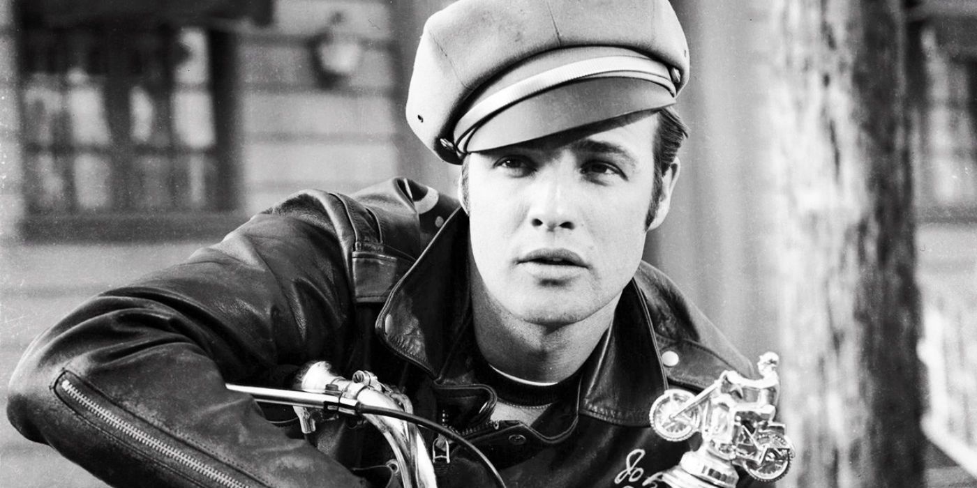 Marlon Brando as Johnny Strabler in The Wild Ones with motorcycle jacket and cap on