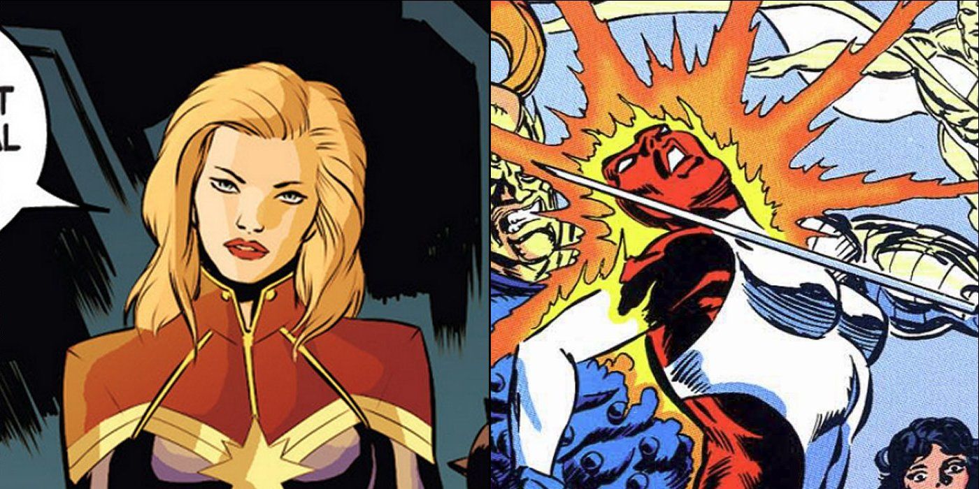 Carol Danvers in Captain Marvel costume (left); as cosmic hero Binary (right)