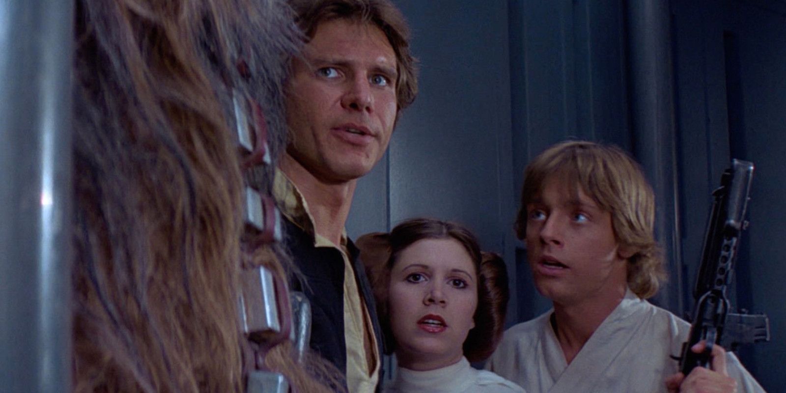Chewbacca, Han, Leia, and Luke attempt to escaep the Death Star in A New Hope