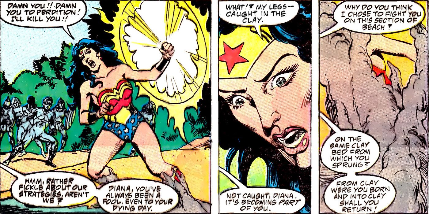 Circe transforma a Mulher Maravilha em argila na história em quadrinhos War of the Gods #3.