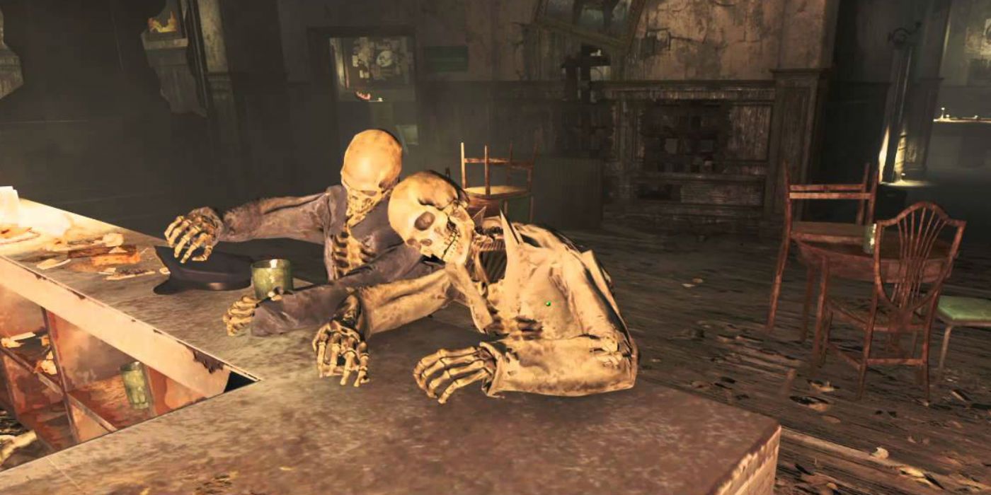 Skeletons at a bar in the video game Fallout 4.