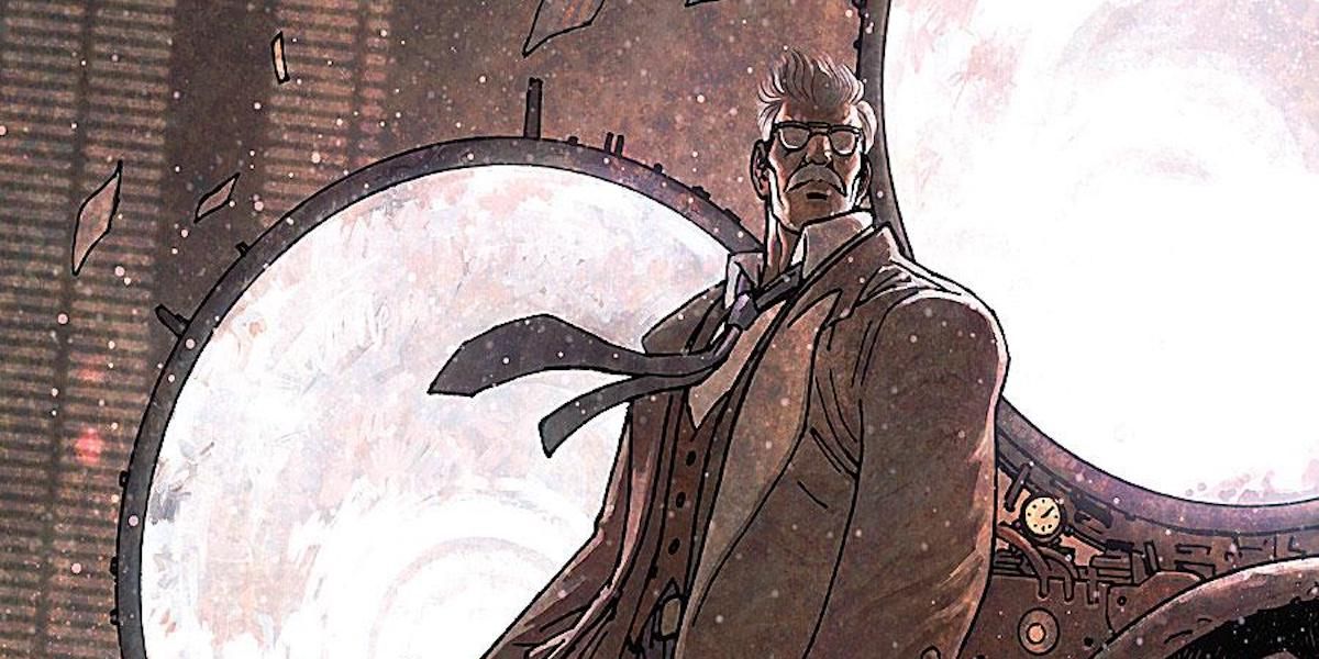 Commissioner Gordon in front of the Bat Signal in DC Comics.