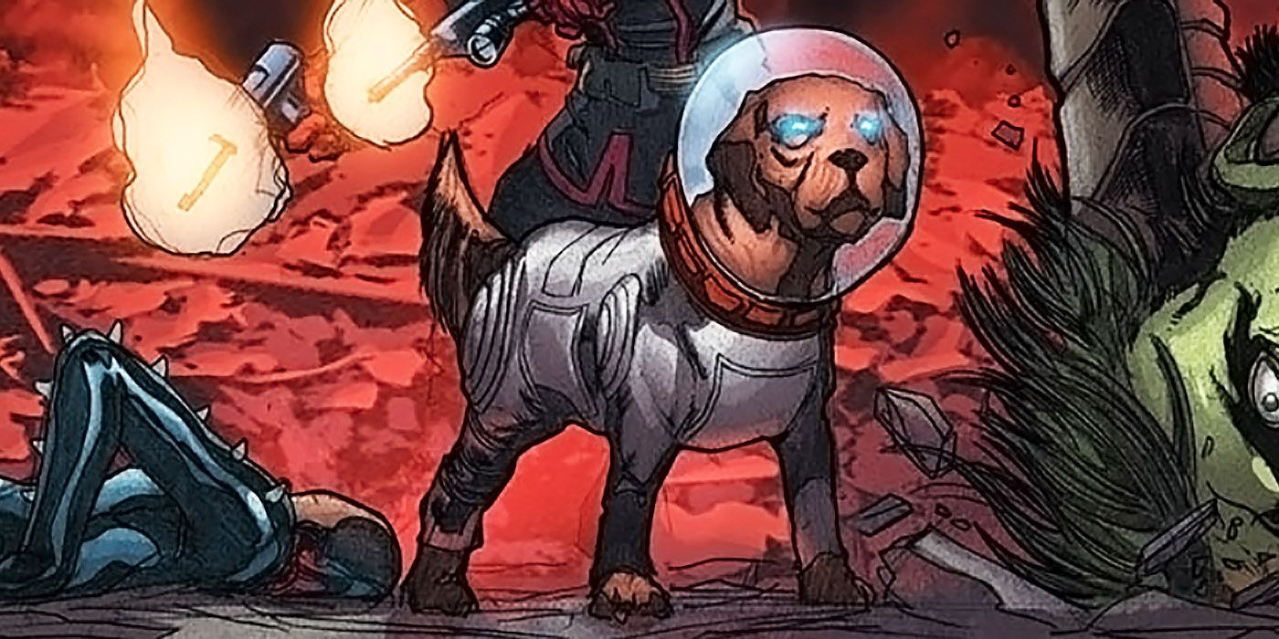 Cosmo the dog with glowing eyes in the comics