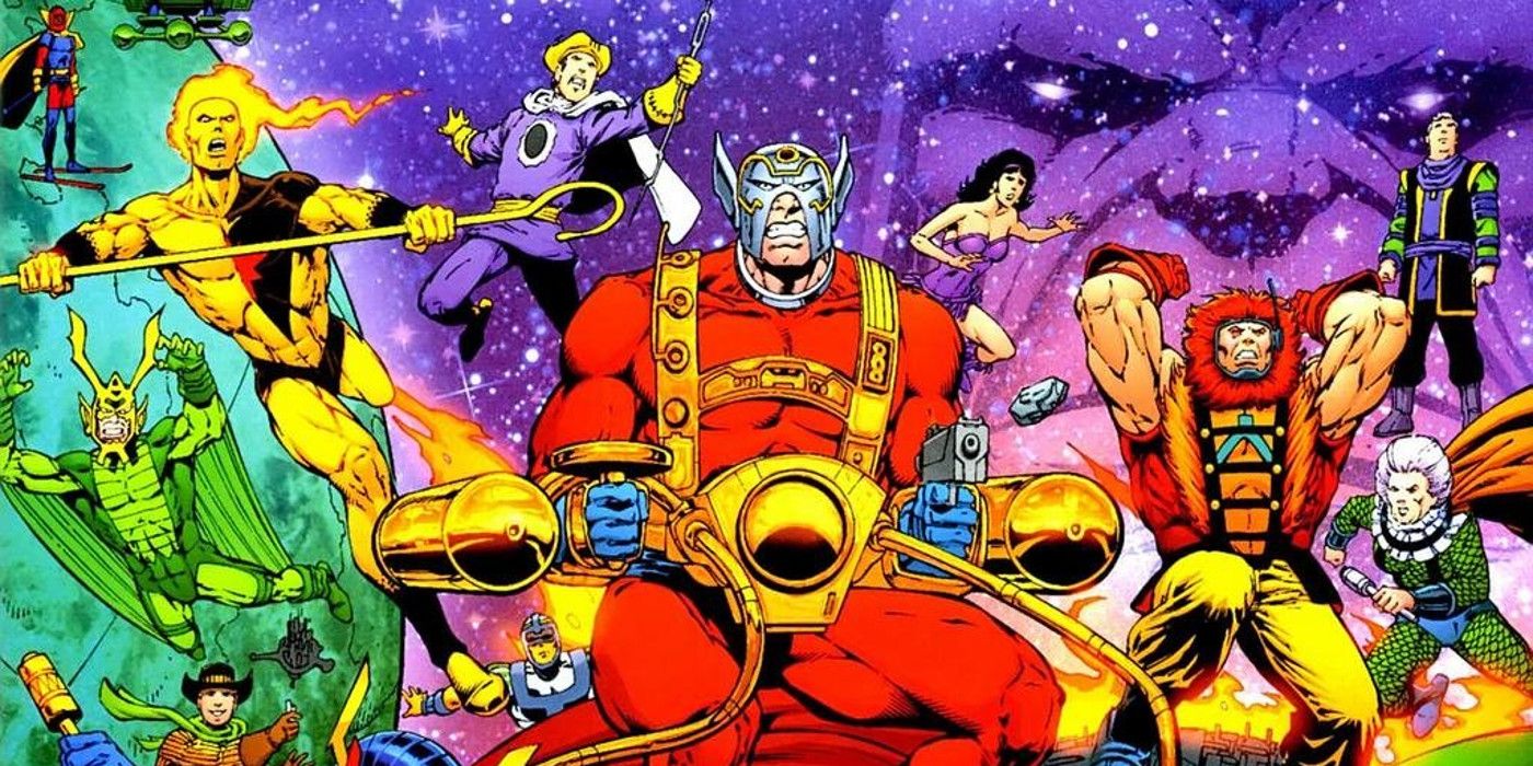 DC New Gods artwork with multiple superheros on a bright background 
