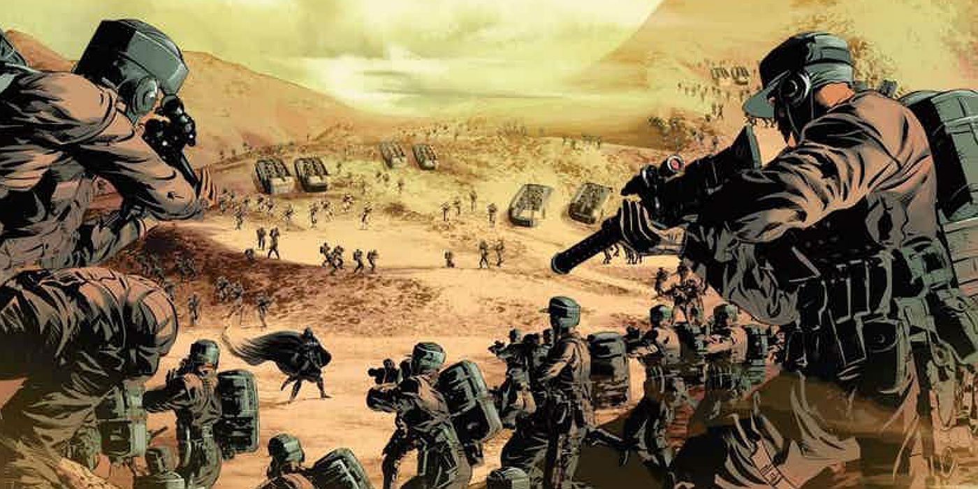 Darth Vader surrounded by Rebel troops on Vrogas Vas in Vader Down comic