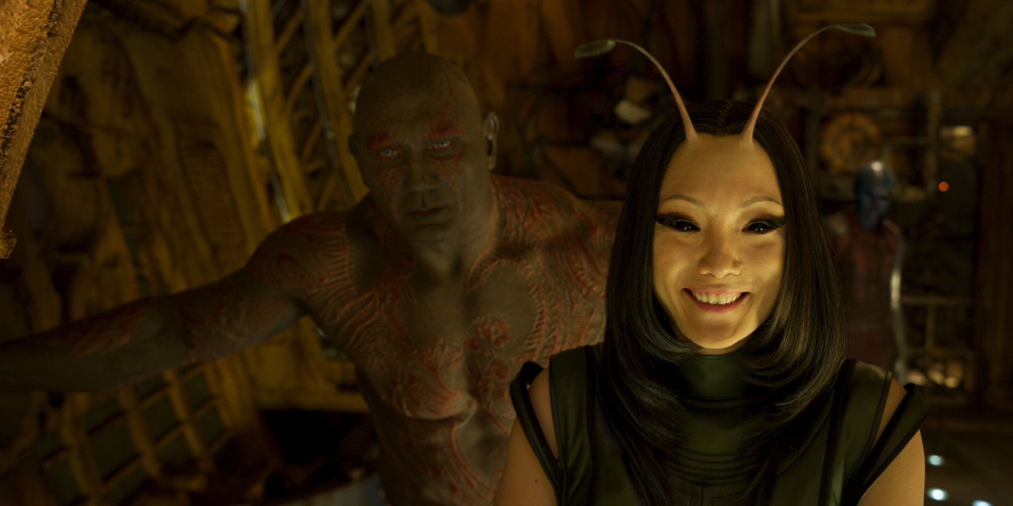Dave Bautista and Pom Klementieff in Guardians of the Galaxy 2