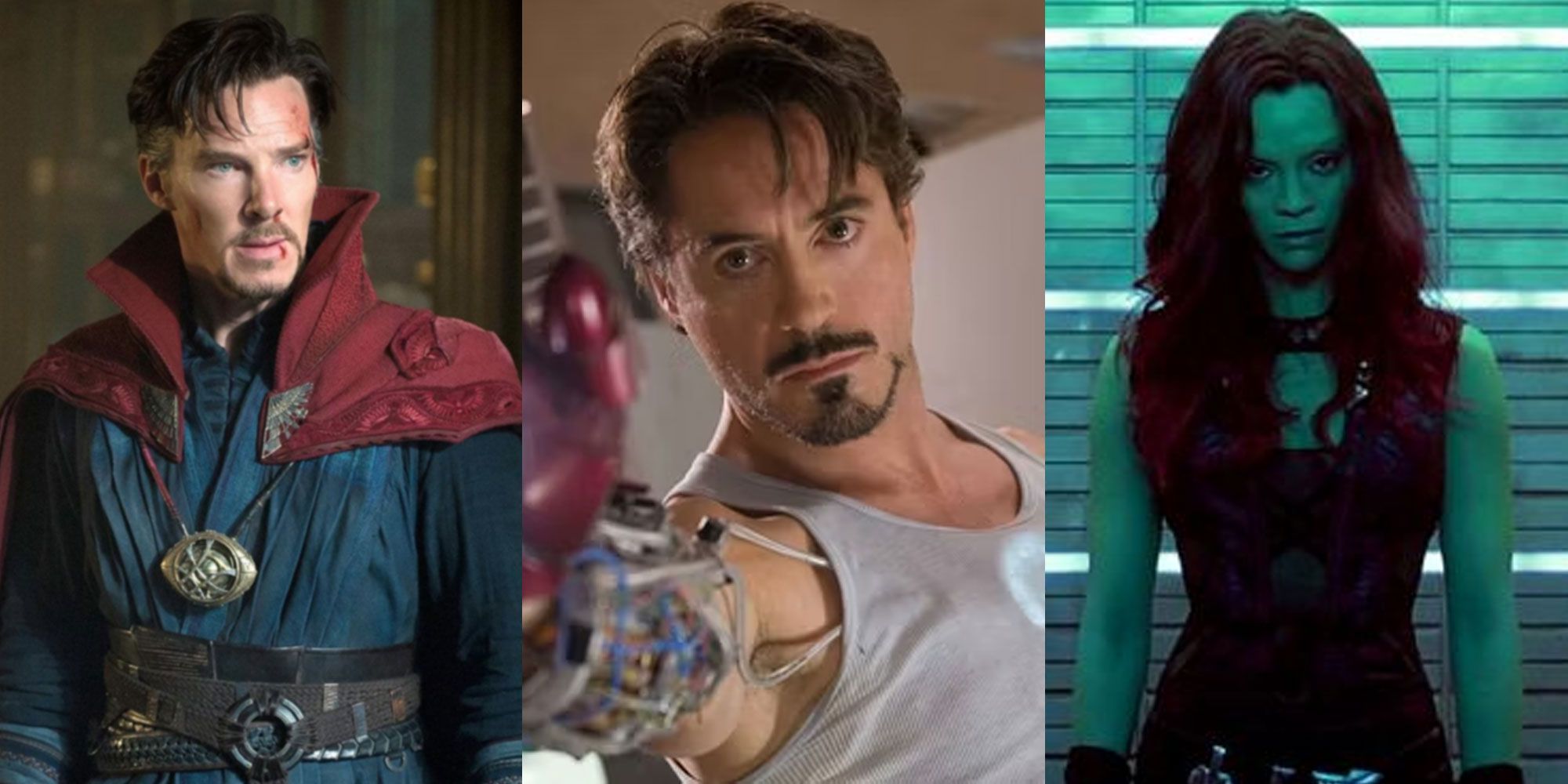 A split image features Marvel Cinematic Universe characters Doctor Strange, Iron Man, and Gamora