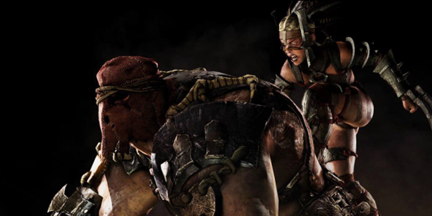 Ferra rides Torr in Mortal Kombat X promotional image.