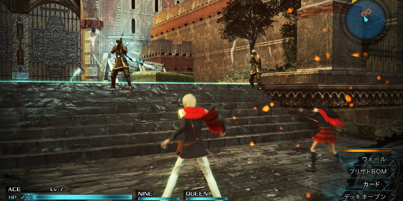 Action gameplay from Final Fantasy Type 0 in an urban environment.