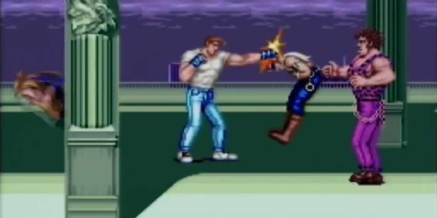 Cody from Final Fight punches a thug while another watches.