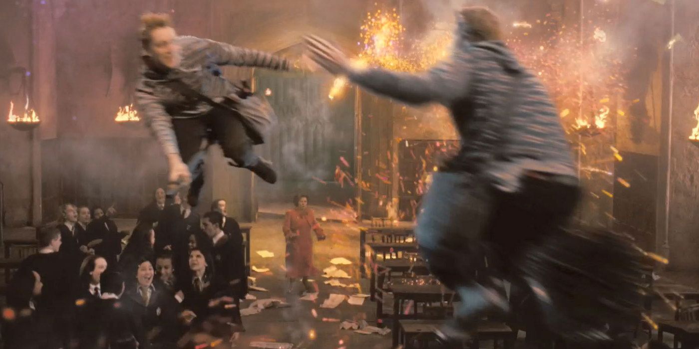 Fred and George Weasley use fireworks to leave Hogwarts in Harry Potter and the Order of the Phoenix.