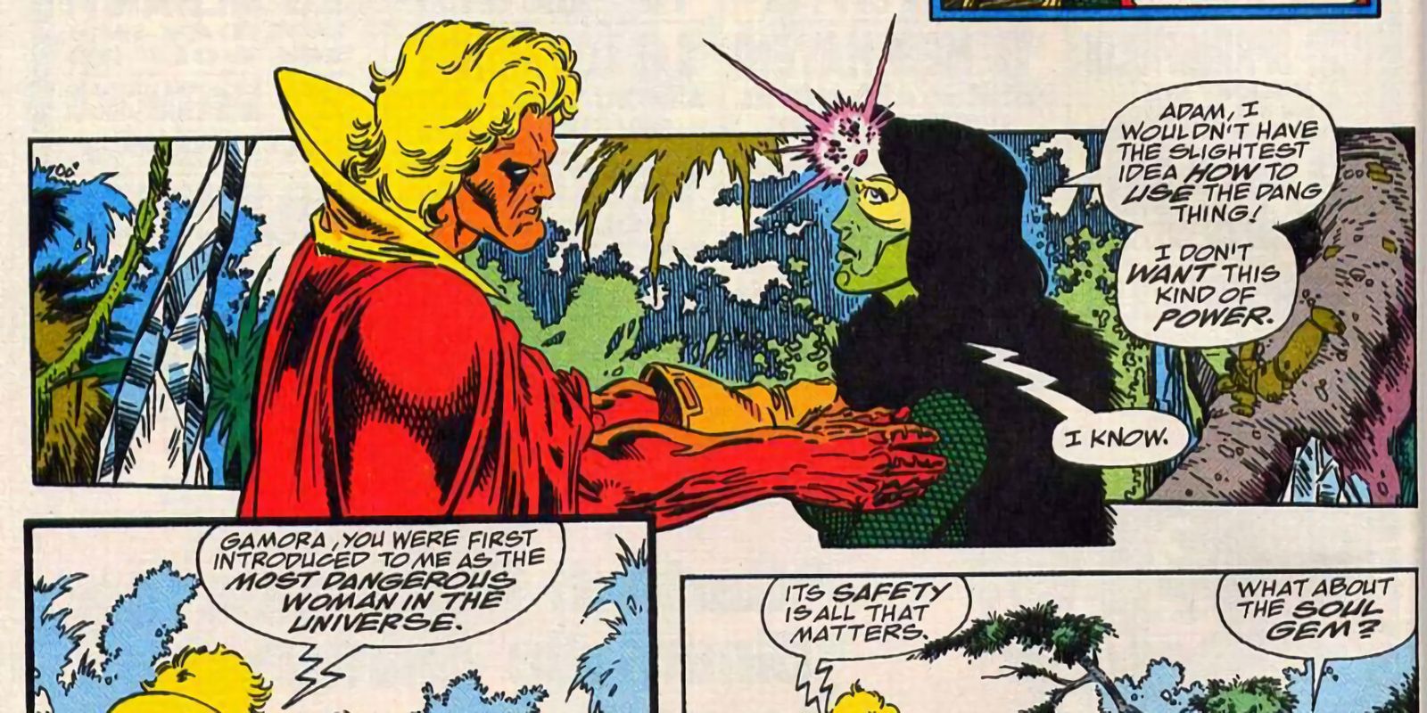 Adam Warlock talks to Gamora while she is in possession of the Time Gem