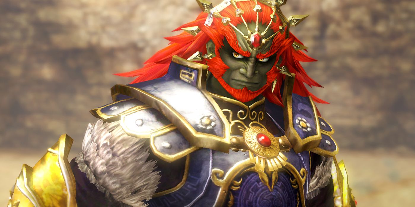 The Legend of Zelda's Ganondorf, as he appears in Hyrule Warriors, wearing purple, bejeweled armor and possessing his signature bright red hair and forehead stone.
