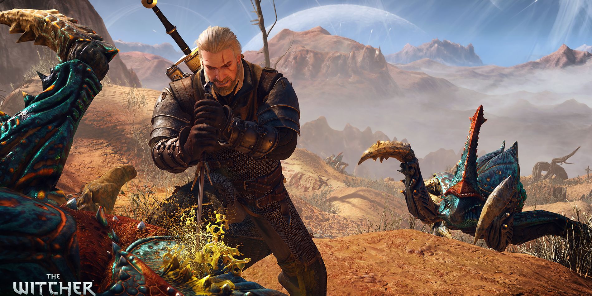 Geralt stabbing a monster to death in a sandy desert in The Witcher 3