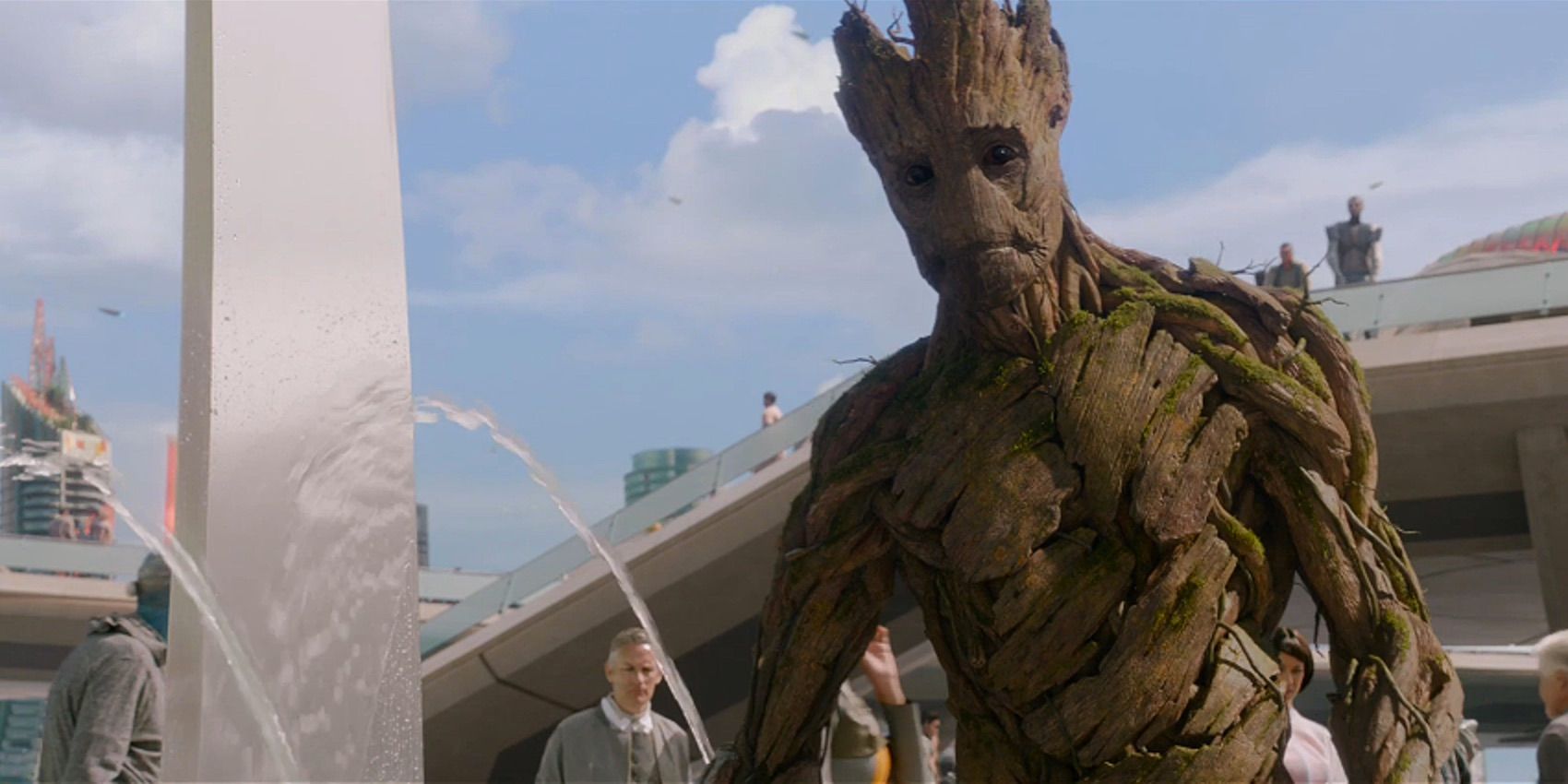 Groot drinking fountain water on Xander in Guardians of the Galaxy