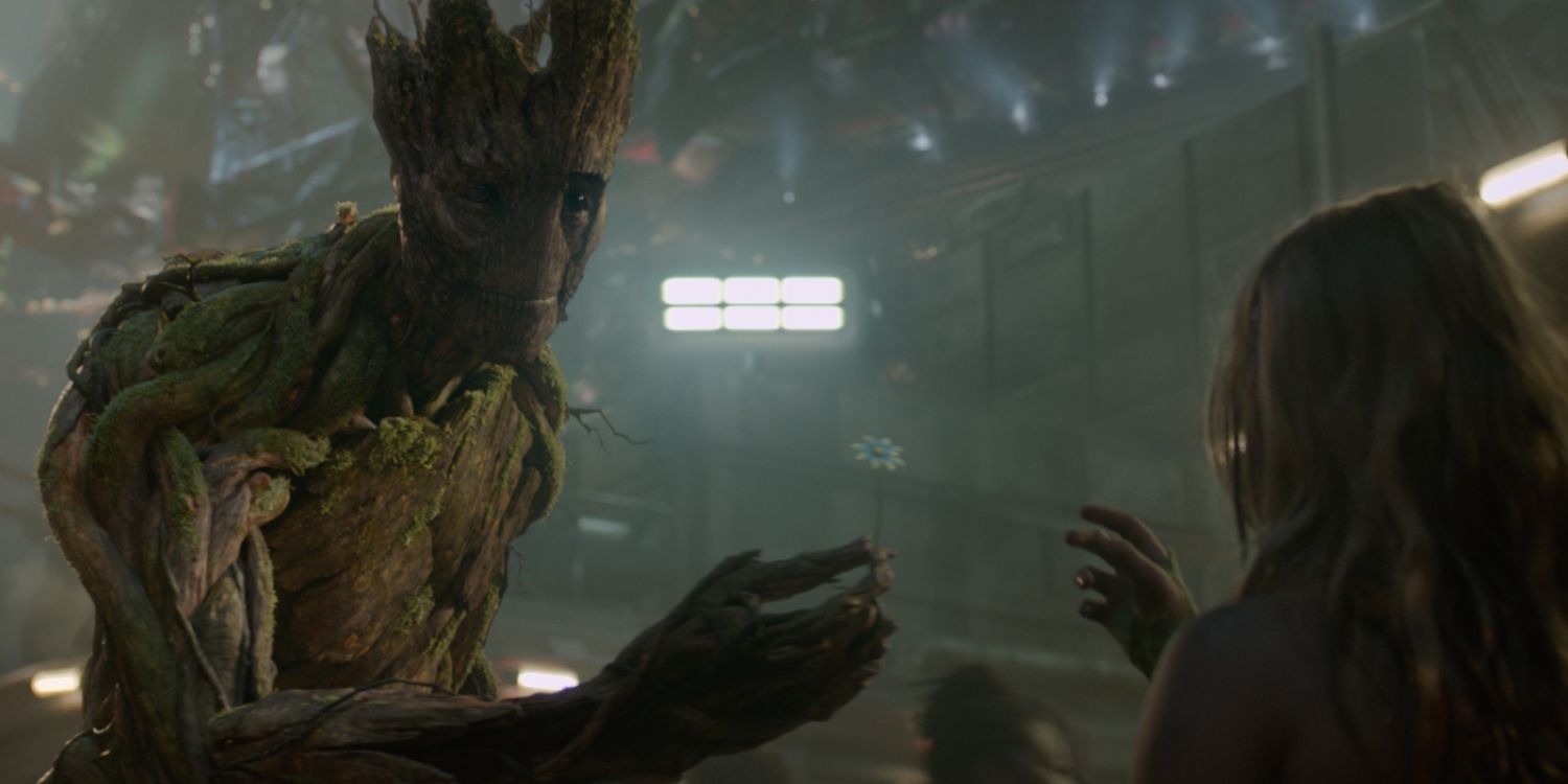 Groot gives a girl a flower in Guardians of the Galaxy