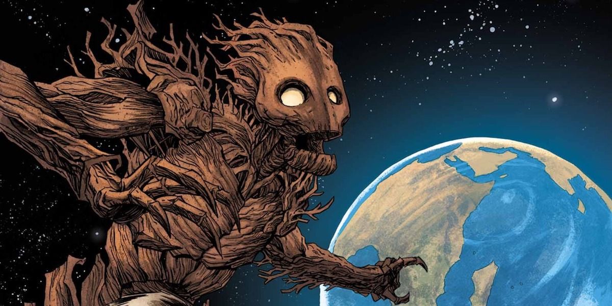 Groot flutua no espaço acima da Terra na Marvel Comics.