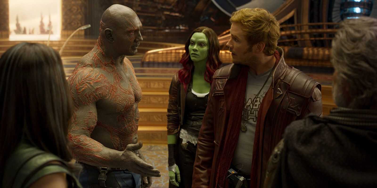 Guardians of the Galaxy Vol 2 – Chris Pratt, Dave Bautista, and Zoe Saladana as Peter Quill, Drax, and Gamora