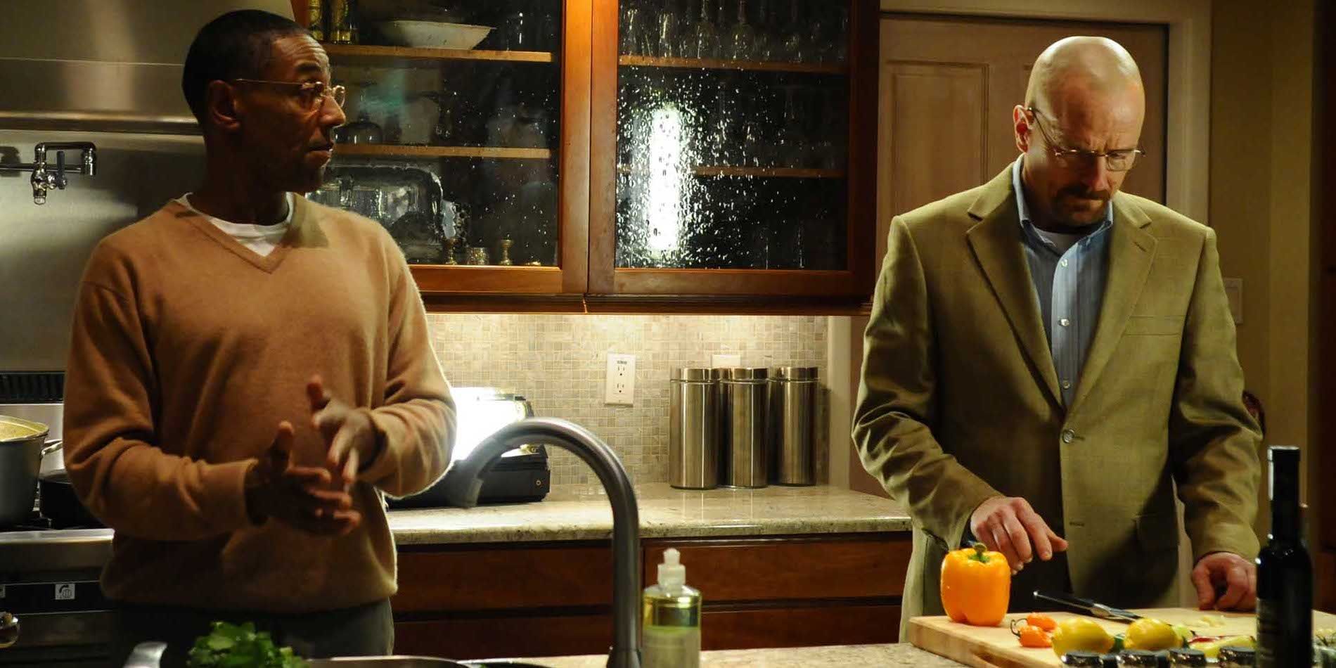 Gus Fring and Walter White in the kitchen in Breaking Bad's Abiquiu Paila Marina