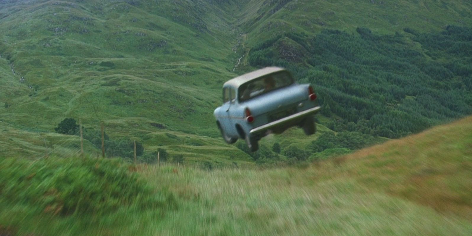 The ford anglia flies over the hills in Harry Potter