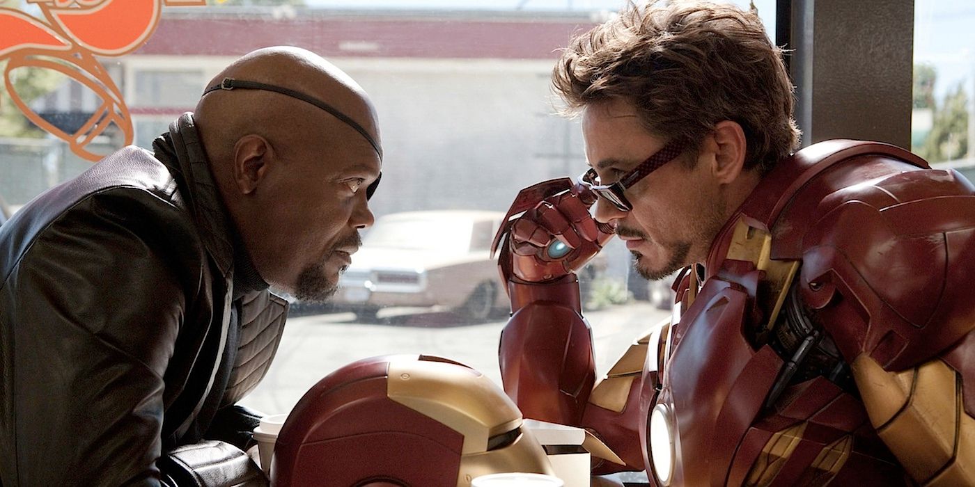 Nick Fury confronts Iron Man at a donut shop