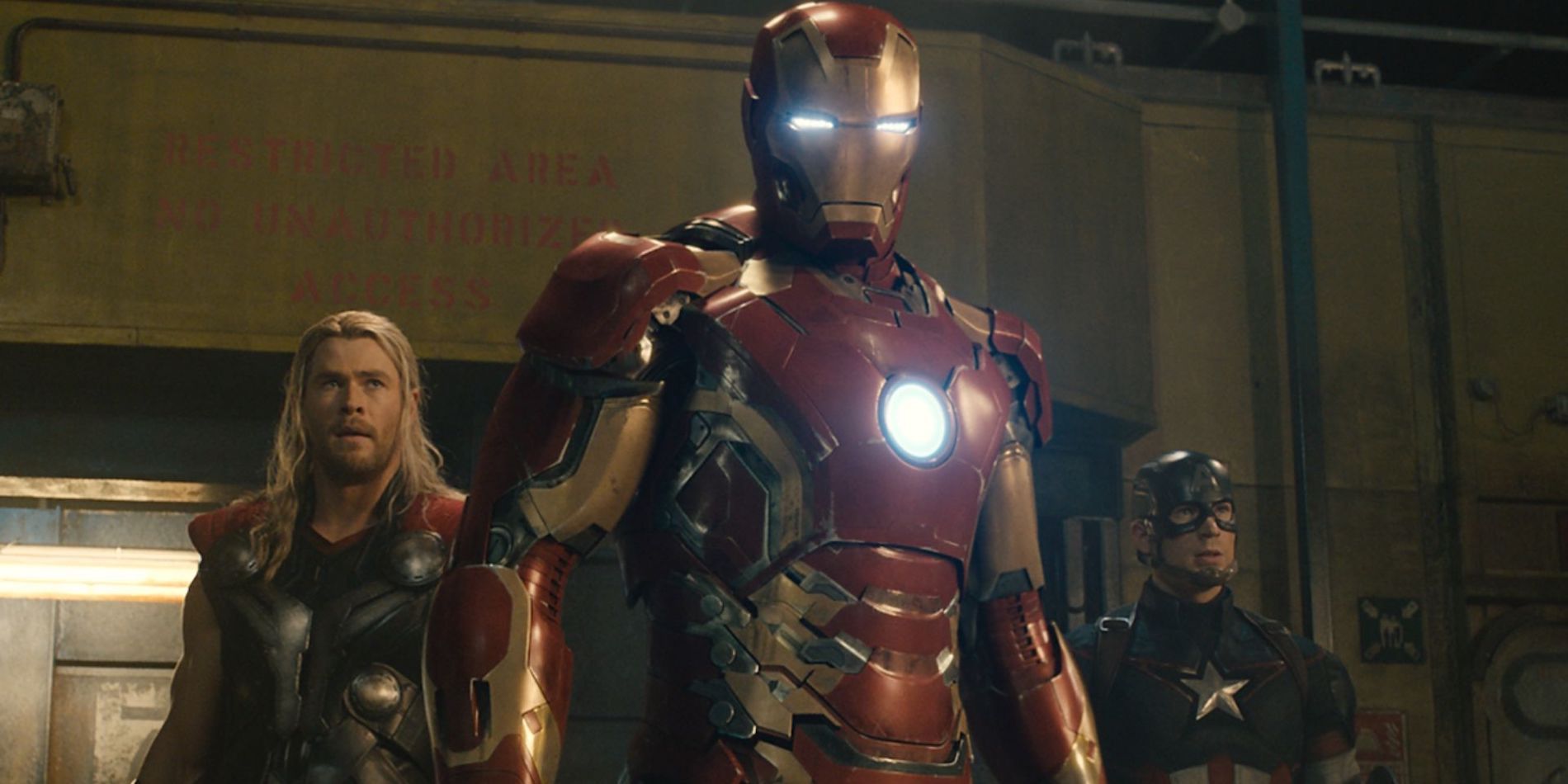 Iron Man, Thor and Captain America approach Ultron in Avengers: Age of Ultron