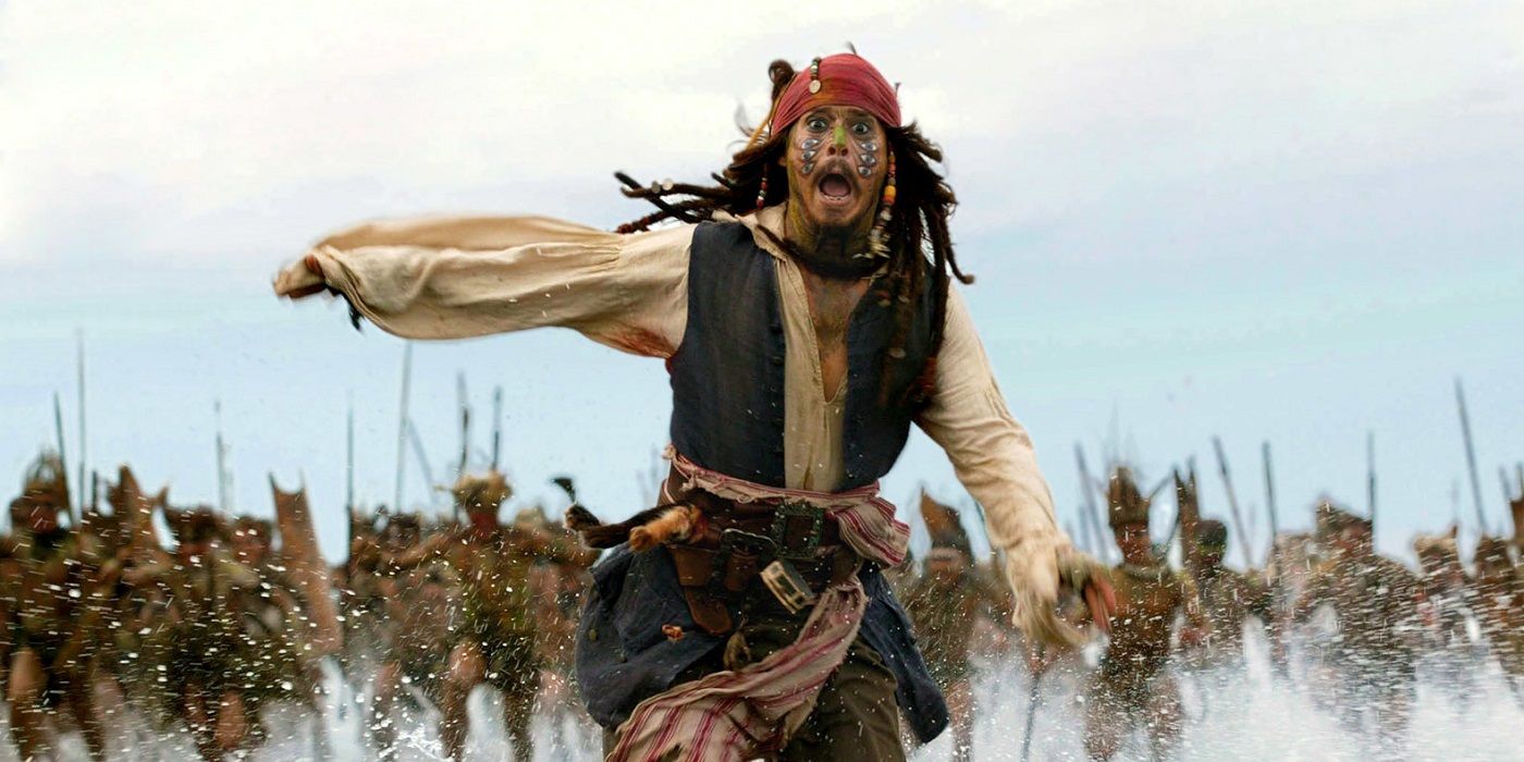Jack Sparrow Running from Cannibals in Pirates of the Caribbean: Dead Man's Chest