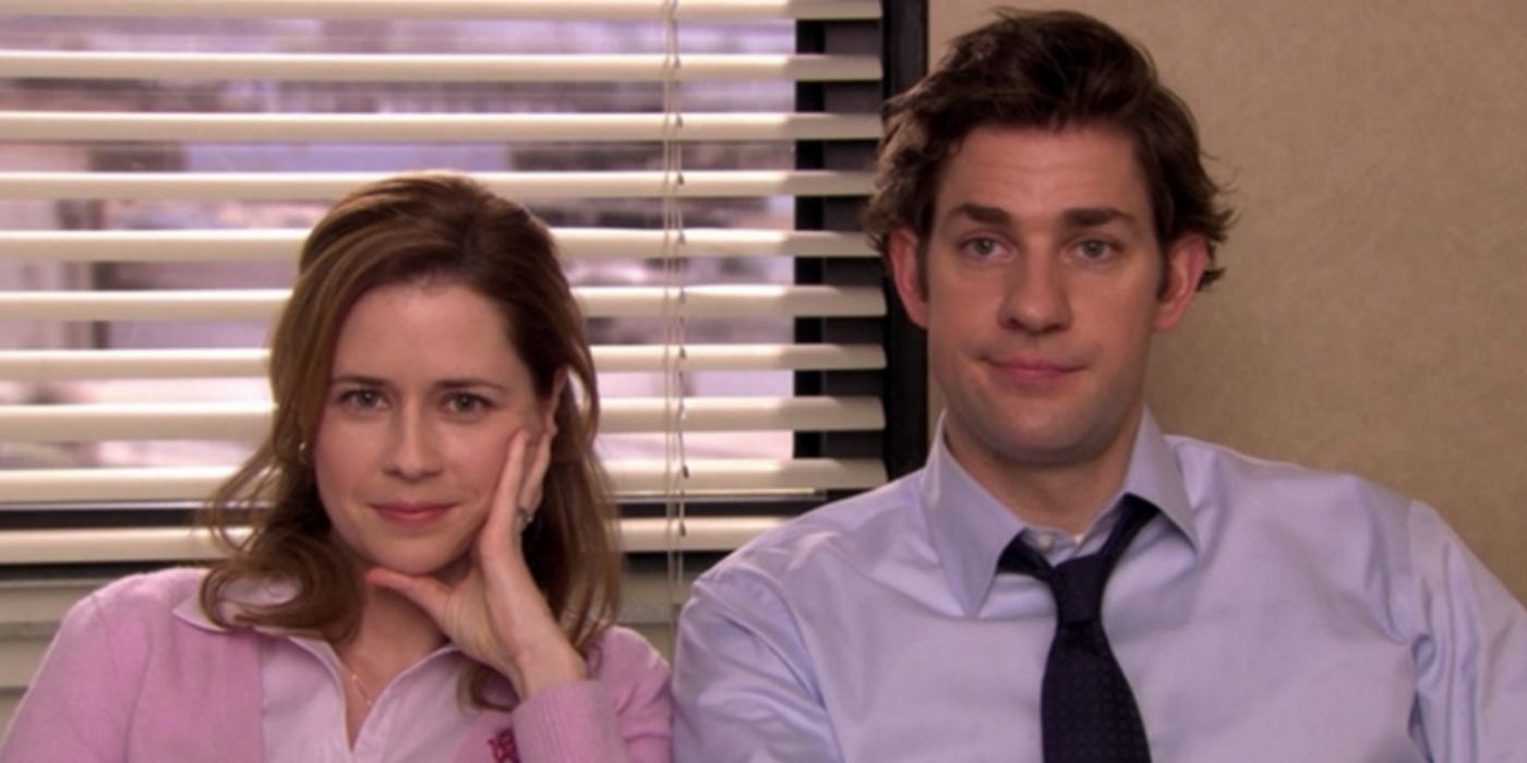 Jim and Pam staring at the camera on The Office