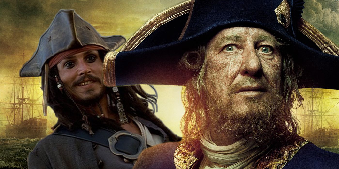 Johnny Depp as Jack Sparrow and Geoffery Rush as Hector Barbossa in Pirates of the Caribbean