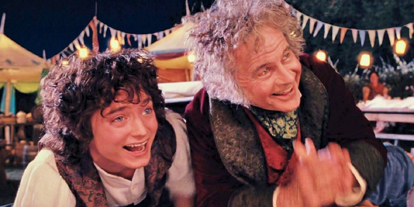 Bilbo and Frodo at Bilbo's birthday party in Lord of the Rings