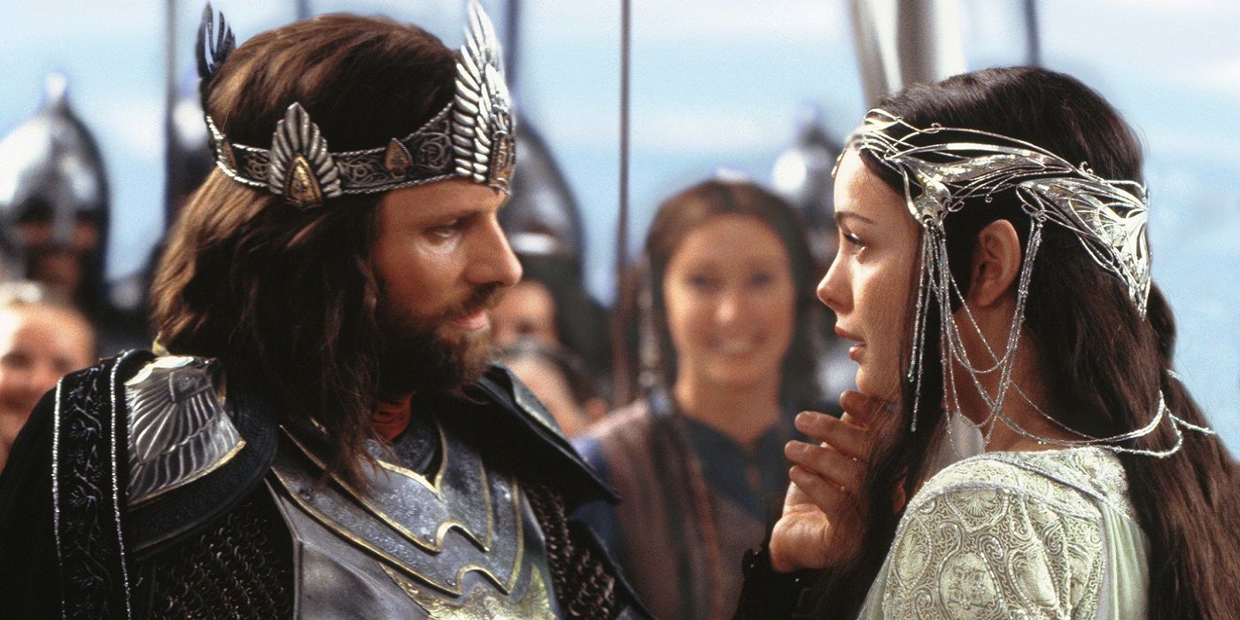 Lord of the Rings Return of the King Aragorn and Arwen see each other look into each other's eyes at his coronation